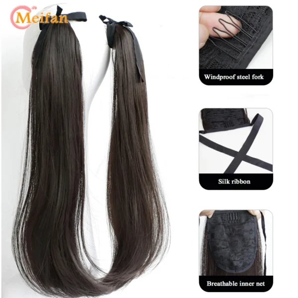 Ponytail Extensions Long Wavy Curly Ribbon Drawstring Natural Look - Image 2