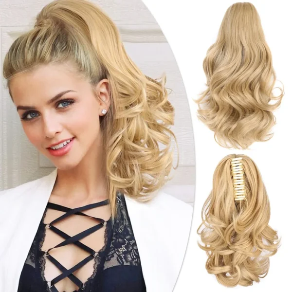 Ponytail Extensions, Synthetic Claw Clip Short Curly Black Hair - Image 2