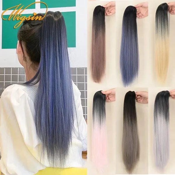 Ponytail Hair Extensions, 20 Inch Straight Claw Clip Blue Grey