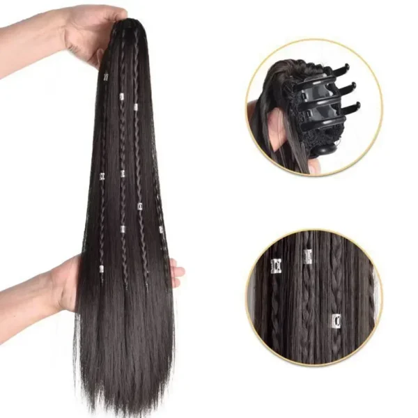 Natural Ethnic Fluffy Straight Twisted Braids Clip-on Ponytail Extension - Image 3