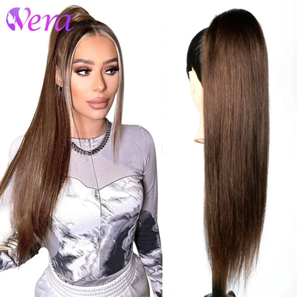 Straight Drawstring Ponytail Medium Brown Human Hair Extensions Women