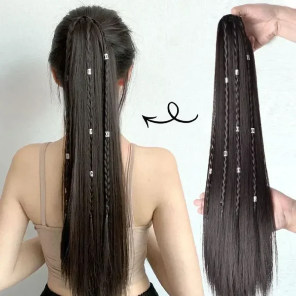 Natural Ethnic Fluffy Straight Twisted Braids Clip-on Ponytail Extension