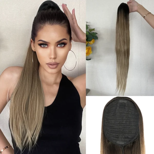 Ponytail Hair Extensions Black Brown Ombre Synthetic