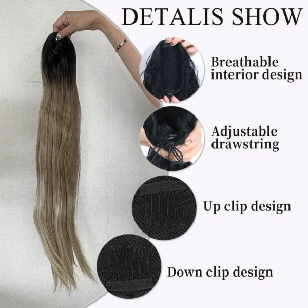 Ponytail Hair Extensions Black Brown Ombre Synthetic - Image 3