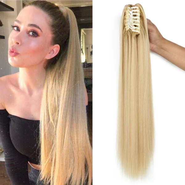 Ponytail Hair Extensions Synthetic Straight Claw Clip 24Inch Heat Resistant