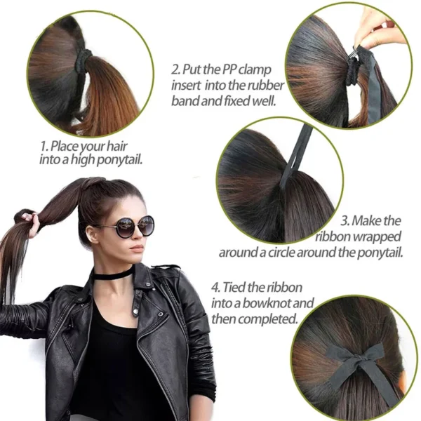 Ponytail Hair Extensions Long Straight Ribbon Clip-On Hairpiece - Image 3